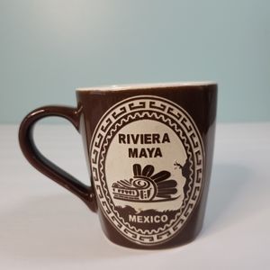 Riviera Maya Mexico Mug Etched Fethered Serpent Quetzalcoatl Kukulkan Brown